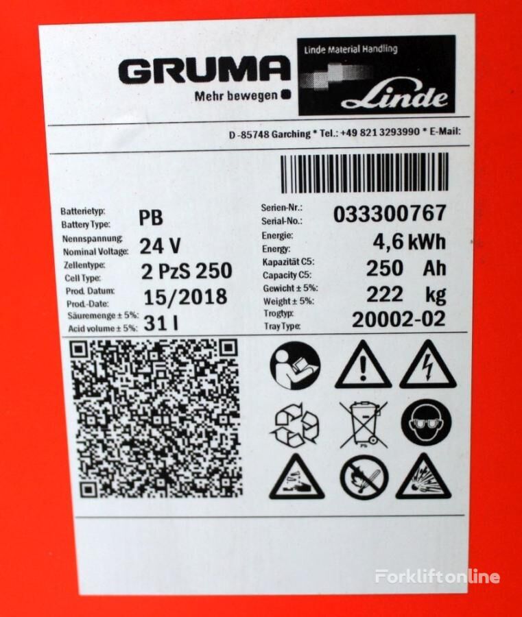 Gruma 24 Volt 2 PzS 250 Ah accumulator for electric forklift